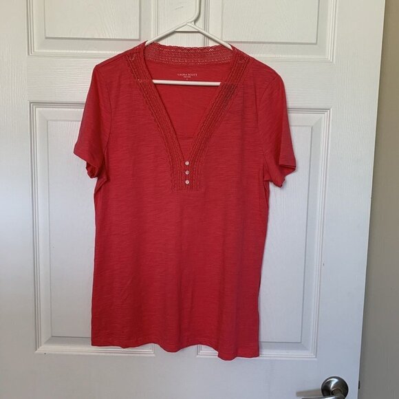 Laura Scott Large Pink Coral Lace V-Neck Short Sleeve Knit Top New - Picture 1 of 8